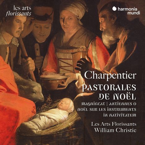 Texte: Charpentier Pastorales de Noël. Illustration: Eine Gruppe Menschen neben einem schlafenden Kind in einer Krippe.