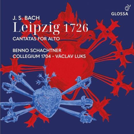 Text: J. S. Bach, Leipzig 1726, Cantatas for Alto, Benno Schachtner, Collegium 1704, Václav Luks. Illustration: rote und blaue Herzen.
