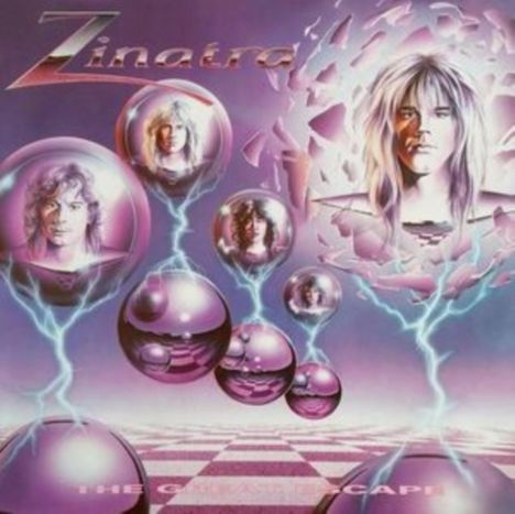 "Zinatra" oben, "The Great Escape" unten. Illustration mit Köpfen in rosa Kugeln und Blitzen auf kariertem Boden.