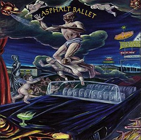 Text: "ASPHALT BALLET." Illustration von Figuren auf einem Auto, das durch eine bizarre, bunte Szene fährt.