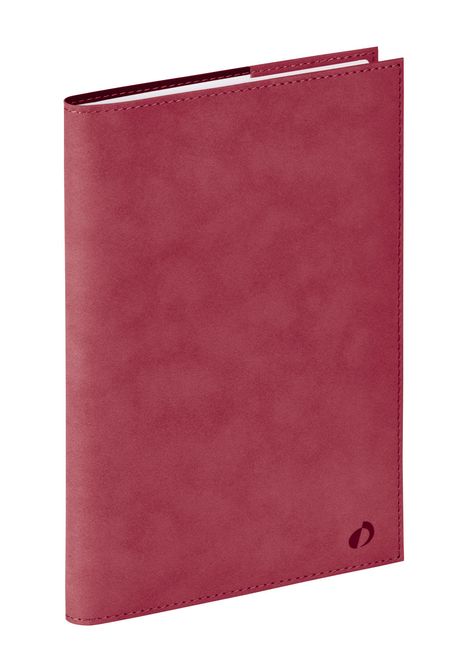 Rotes, schlichtes Notizbuch mit einem kleinen, ovalen Logo in der rechten unteren Ecke.