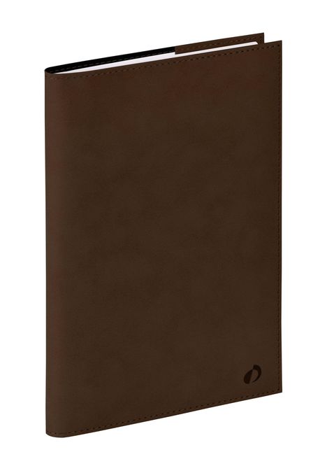 Braunes, stehendes Tagebuch mit schlichter Oberfläche und einem kleinen, dezenten Logo in der rechten unteren Ecke.