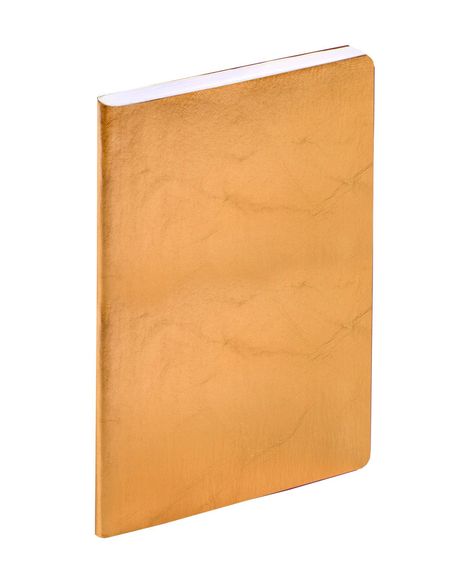 Keine Texte vorhanden. Ein schlichtes Notizbuch mit goldener Hülle und abgerundeten Ecken.
