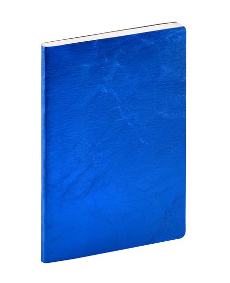Ein Notizbuch mit knallblauem, strukturiertem Einband und abgerundeten Ecken.