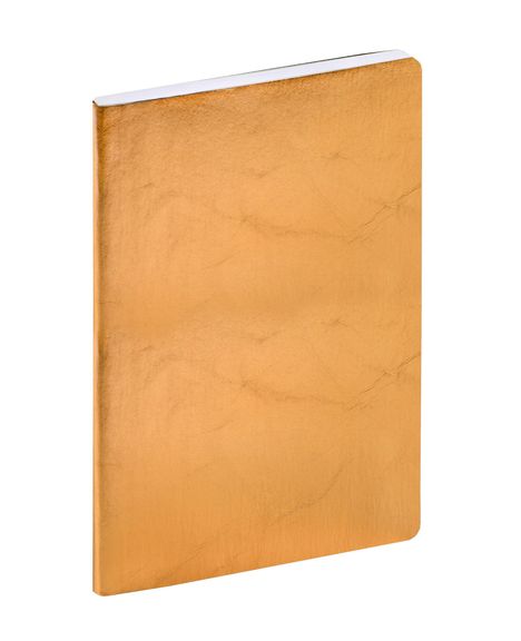 Ein schlichtes Notizbuch mit einem glänzenden, goldenen Einband ohne erkennbare Beschriftung oder Logos.