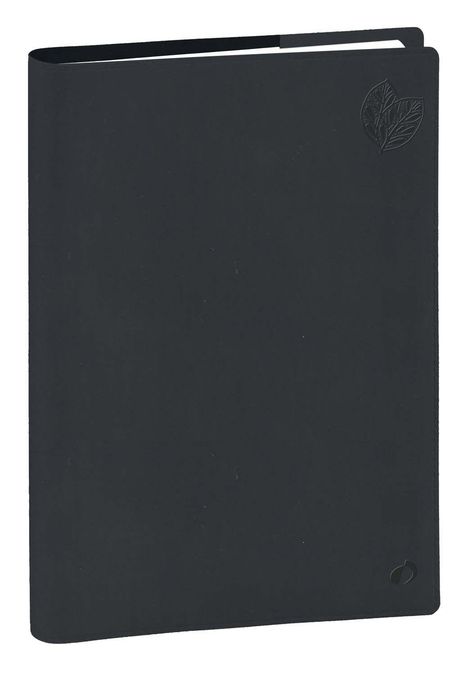 Schwarzes Notizbuch mit eingeprägtem Blatt-Logo in der oberen rechten Ecke.
