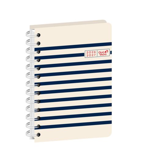 Text: "2026 2027 Quo Vadis". Illustration eines Ringbuch-Notizblocks mit blauen Streifen auf cremefarbenem Hintergrund.