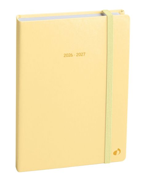 Text: "2026 · 2027". Ein hellgelber Kalender mit einem elastischen Verschlussband.