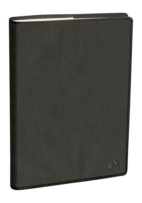 Kein Text vorhanden. Schwarzes Notizbuch mit Ledereinband und leicht strukturierter Oberfläche.
