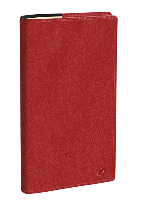Rotes Tagebuch mit einem kleinen Logo in der rechten unteren Ecke. Der Einband hat eine lederähnliche Struktur.