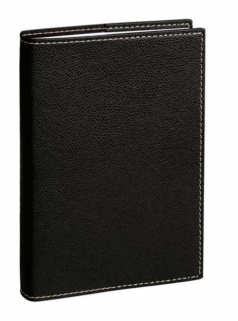Schwarzes, genarbtes Lederetui mit hellem Ziernahtabschluss, rechteckige Form, leer und geschlossen dargestellt.