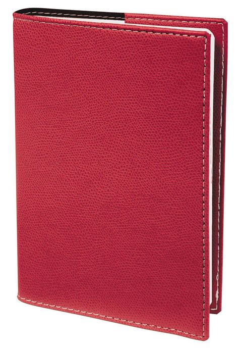 Kein Text vorhanden. Ein rotes, strukturiertes Notizbuch mit weißen Nähten an den Rändern.
