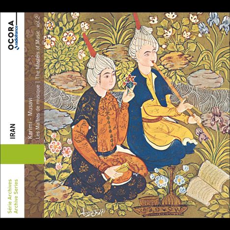 "Iran, Karimi - Musavi, Les Maîtres de musique, The Masters of Music, vol. 2". Traditionelle, farbenfrohe Illustration von musizierenden Männern in einem blumigen Garten.