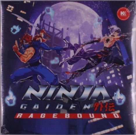 „NINJA GAIDEN RAGEBOUND“. Zwei kämpfende Ninjas vor einem großen Mond. Es ist eine dynamische Illustration.