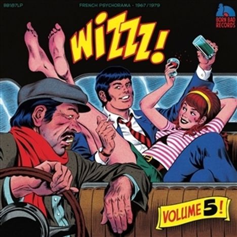 "WIZZZ! VOLUME 5!" in gelbem, stilvollem Schriftzug. Illustration: Drei Personen im Auto, zwei entspannen sich, Fahrer schaut ernst.