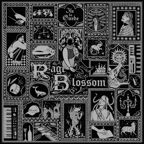 „Ile de Garde“, „Rage Blossom“, „dead inside“. Schwarz-weiße Illustration, mittelalterlicher Stil, vielfältige Symbole.