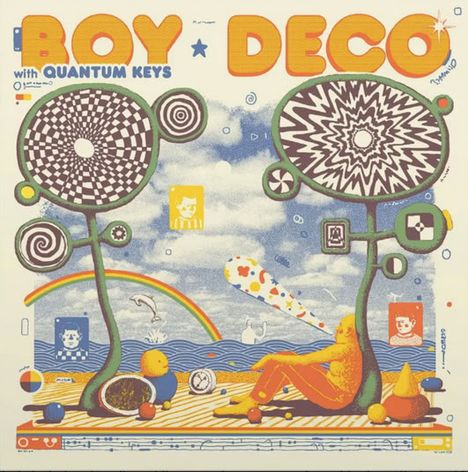 „BOY DECO with QUANTUM KEYS“. Bunte Illustration mit surrealen Formen, einem Regenbogen und einem sitzenden Menschen.