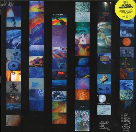 Gelber Kreis mit "NEW Juno Memory". Verschiedene bunte Bilder und Silhouetten auf schwarzem Hintergrund.