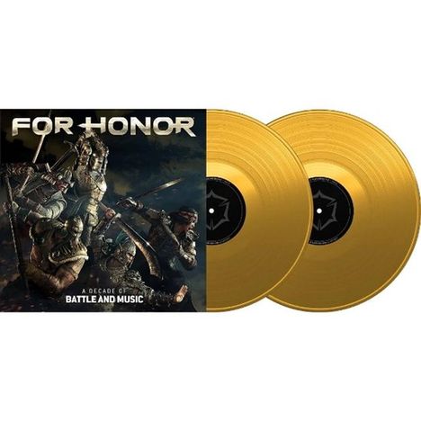 **FOR HONOR** und **A DECADE OF BATTLE AND MUSIC** über Kämpfern mit Schwertern und goldenen Schallplatten daneben.
