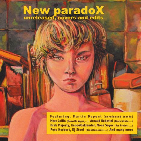 Text: "New paradoX unreleased, covers and edits." Darunter ein gelbes Feld mit Künstlernamen. Illustration: Junge Person.