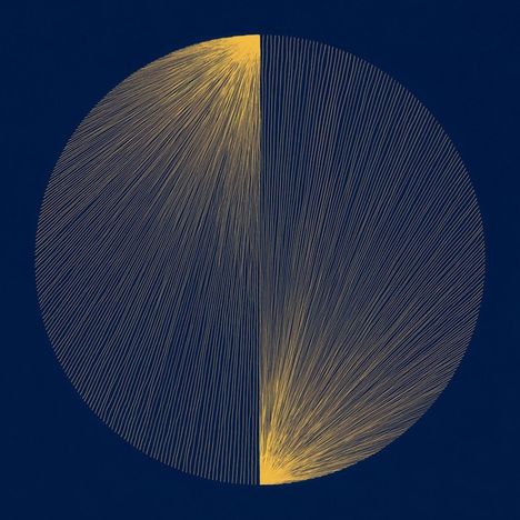 Abstrakte Illustration: Gelbe Linien bündeln sich in einem Kreis auf dunkelblauem Hintergrund, symmetrisch links und rechts.