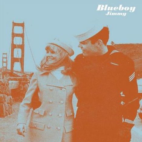 Text: "Blueboy Jimmy". Ein Paar, sie in Mäntel und er in Uniform, lächelt sich an. Im Hintergrund eine große Brücke.