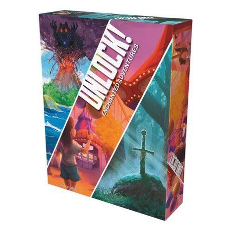 "UNLOCK! ENCHANTED ADVENTURES" steht auf der Vorderseite. Eine farbenfrohe Illustration mit Vulkan, Schwert und Fantasiewesen.