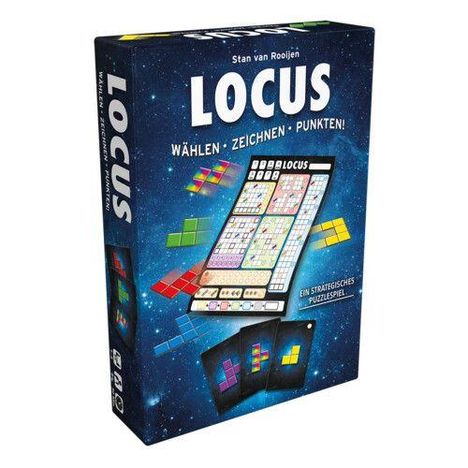 Schachtel eines Puzzlespiels mit "LOCUS" in großen Buchstaben, bunten Formen und Würfeln auf blauem Hintergrund.