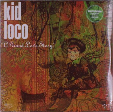 Text: "kid loco" und "A Grand Love Story". Illustration: Ein stilisierter Junge in historischer Kleidung auf floralem Hintergrund.