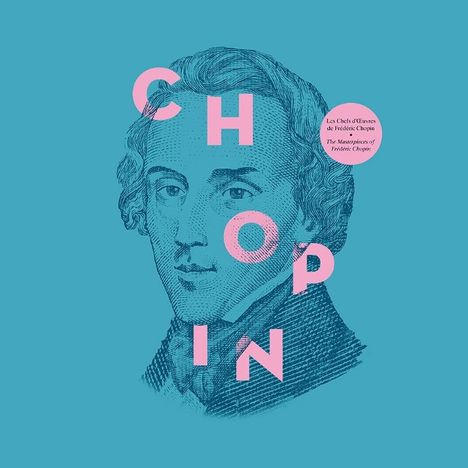 Der Text auf blauem Hintergrund lautet "Chopin" in großen rosa Buchstaben, darüber ein Porträt von Frédéric Chopin.