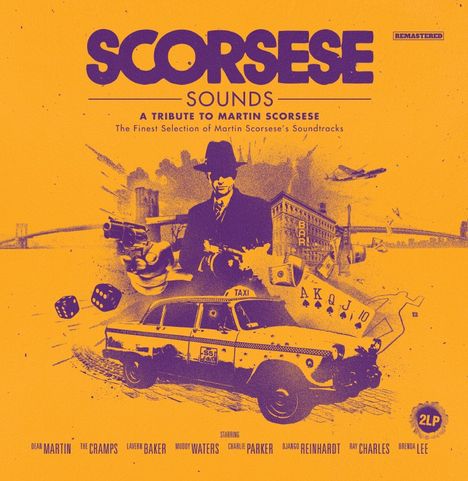 "SCORSESE SOUNDS: A Tribute to Martin Scorsese" Illustration mit Taxi, Würfeln und Karten, im Retro-Stil.