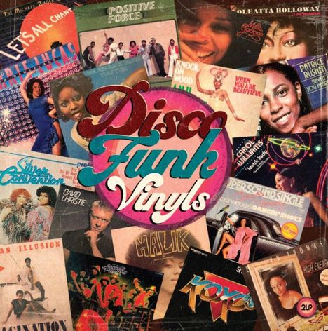 Text: "Disco Funk Vinyls". Eine Collage aus verschiedenen Retro-Albumcovern im Disco- und Funk-Stil der 70er und 80er Jahre.