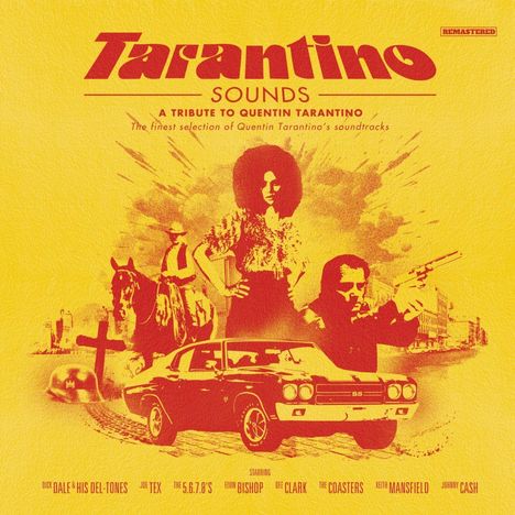 "Tarantino Sounds: A Tribute to Quentin Tarantino" steht in rotem Text. Gemälde mit Retro-Design, Auto und Filmszenen.