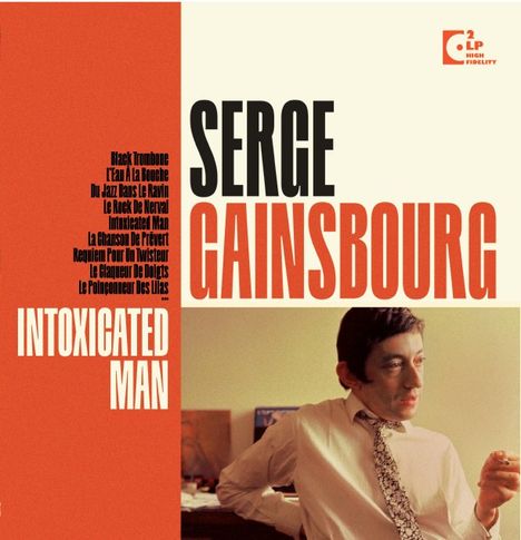 "SERGE GAINSBOURG" und "INTOXICATED MAN" in großen Buchstaben, daneben ein Mann in Anzug mit Zigarette.