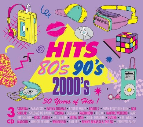 "Hits 80's 90's 2000's", "30 Years of Hits!", "3 CD"; bunte Elemente: Walkman, Kassettenrekorder, CD, Rubik's Cube.