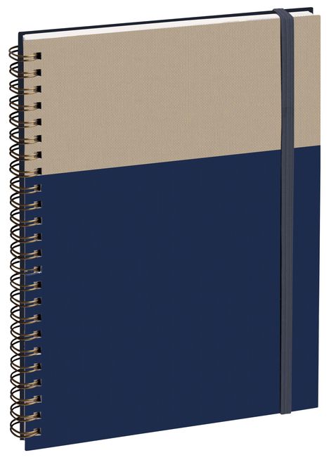 Ein Notizbuch mit Spiralbindung, oben in Beige und unten in Dunkelblau, mit einem schwarzen elastischen Band.