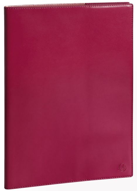 Bordeauxrote Lederhülle, schlicht und elegant mit geprägtem Logo unten rechts.