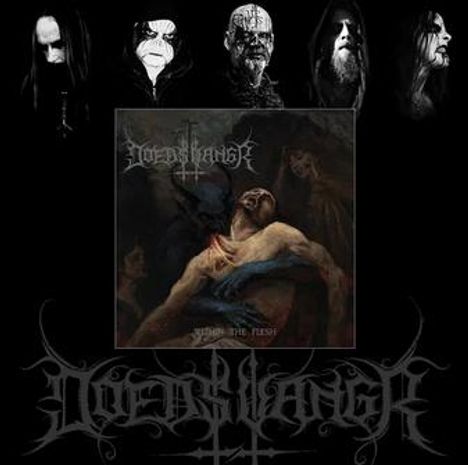 Text: "DOEDSVANGR From the Flesh". Oben Porträts, darunter kunstvolles Logo mit schweren Metall-Stil und düsterer Gemälde.