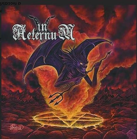 Im oberen Bereich steht "In Aeternum". Unten ein fliegender Dämon mit Flügeln und Dreizack über einem lodernden Krater.