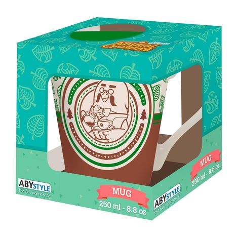 Text: "MUG 250 ml - 8.8 oz". Verpackung mit blauem Blattmuster, zeigt Tasse mit Tiermotiv.