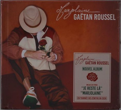 „Marjolaine“, Gaëtan Roussel, neues Album, enthält „Je reste là“, Tour 2026. Person hält rote Rose, Hut verdeckt Gesicht.