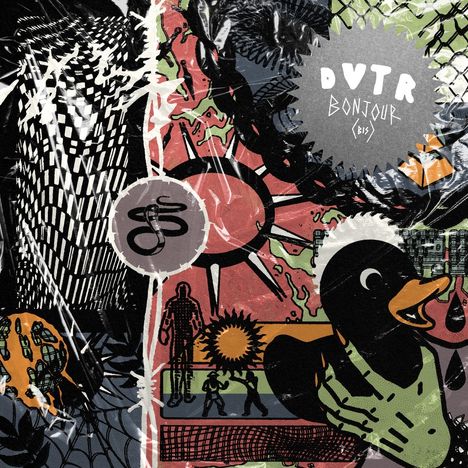 Text: "DVTR BONJOUR (BIS)". Illustration mit abstrakten Mustern, Entenfigur, Sonnensymbol und menschlichen Silhouetten.