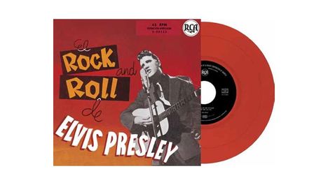 „El Rock and Roll de Elvis Presley“. Illustration mit Elvis Presley, Gitarre. Rote Schallplatte sichtbar.