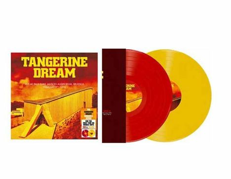 "Tangerine Dream" in großen gelben Buchstaben, ein Gebäude auf dem Cover, rote und gelbe Vinyl-Schallplatten daneben.