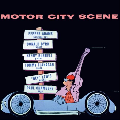 Text: "Motor City Scene", darunter Schilder mit Musiker-Namen. Illustration: Mann im Auto mit Instrument hinten.