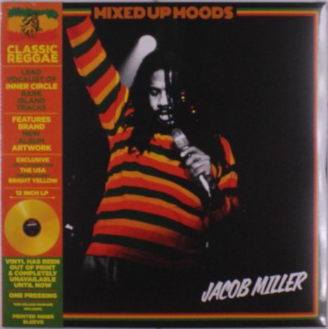 "Mixed Up Moods", "Classic Reggae", "Jacob Miller". Sänger in rot-gelb-grünem Pullover, Mikrofon in der Hand, hebt den Arm.