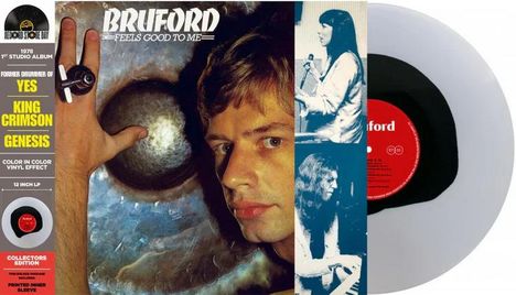 "BRUFORD FEELS GOOD TO ME", "YES", "KING CRIMSON", "GENESIS", Cover mit Gesicht eines Mannes und Vinyl-Schallplatte.