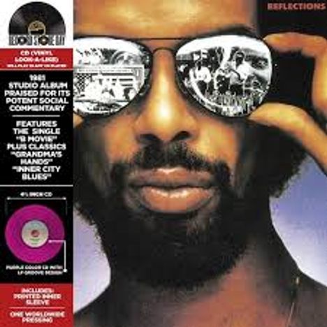 Text links: CD, Vinyl, Logo, Liner. Lob für soziales Commentary. Features: "The Single", "Is It?" Weitere Details. Rechts: "Reflections". Sonnenbrille mit Spiegelungen eines Mannes.