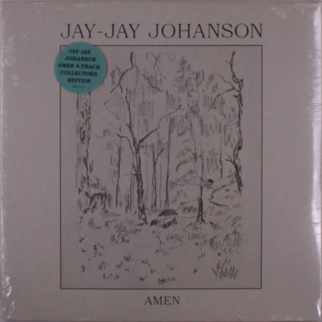 Text: "JAY-JAY JOHANSON", "AMEN", "JAY-JAY JOHANSON AMEN 4-TRACK COLLECTORS EDITION". Skizze eines Waldes mit Bäumen.