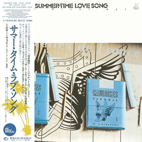 Oben steht "SUMMERTIME LOVE SONG - MILKY WAY". Unten zeigt ein blaues Zigarettenschachtelbild mit Streichhölzern. Farbenfroh.